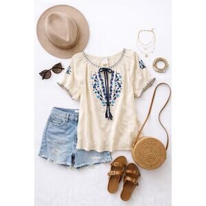 HANNAH Boho Embroidered Sz L Peasant Top Blue Floral Cottagecore Tie Neck India